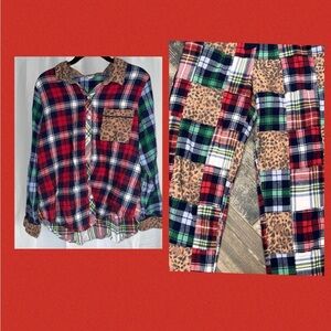 Aerie Pajama Set Flannel Plaid Cheetah